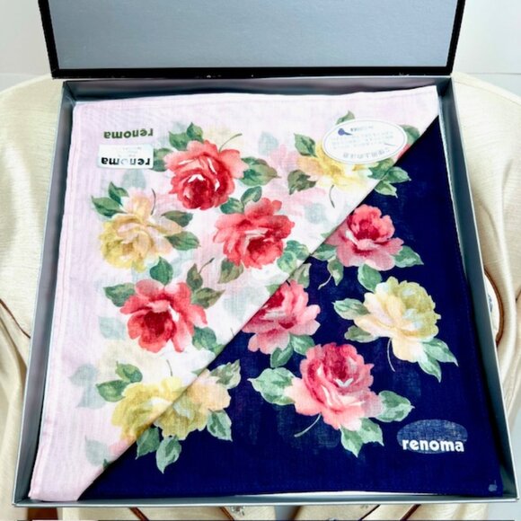 New in Box 2 RENOMA PARIS Mouchairw Cotton Scarf Pocket Square 18" Floral (33 - Picture 1 of 12